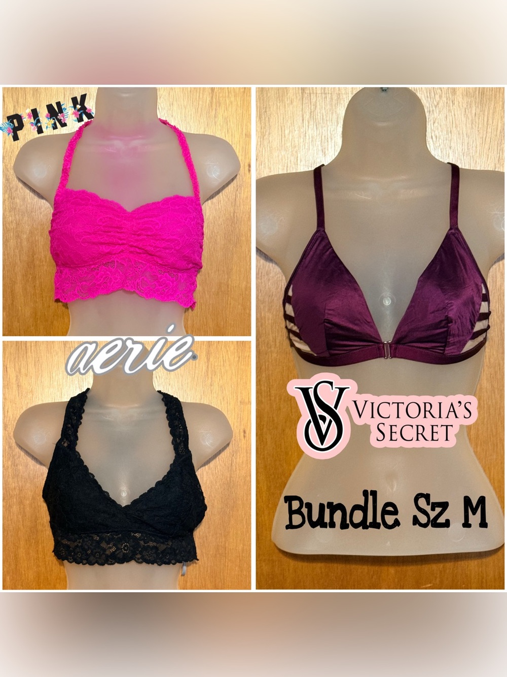 Victoria's Secret PINK & Aerie 3-Piece Bra Bundle sz M